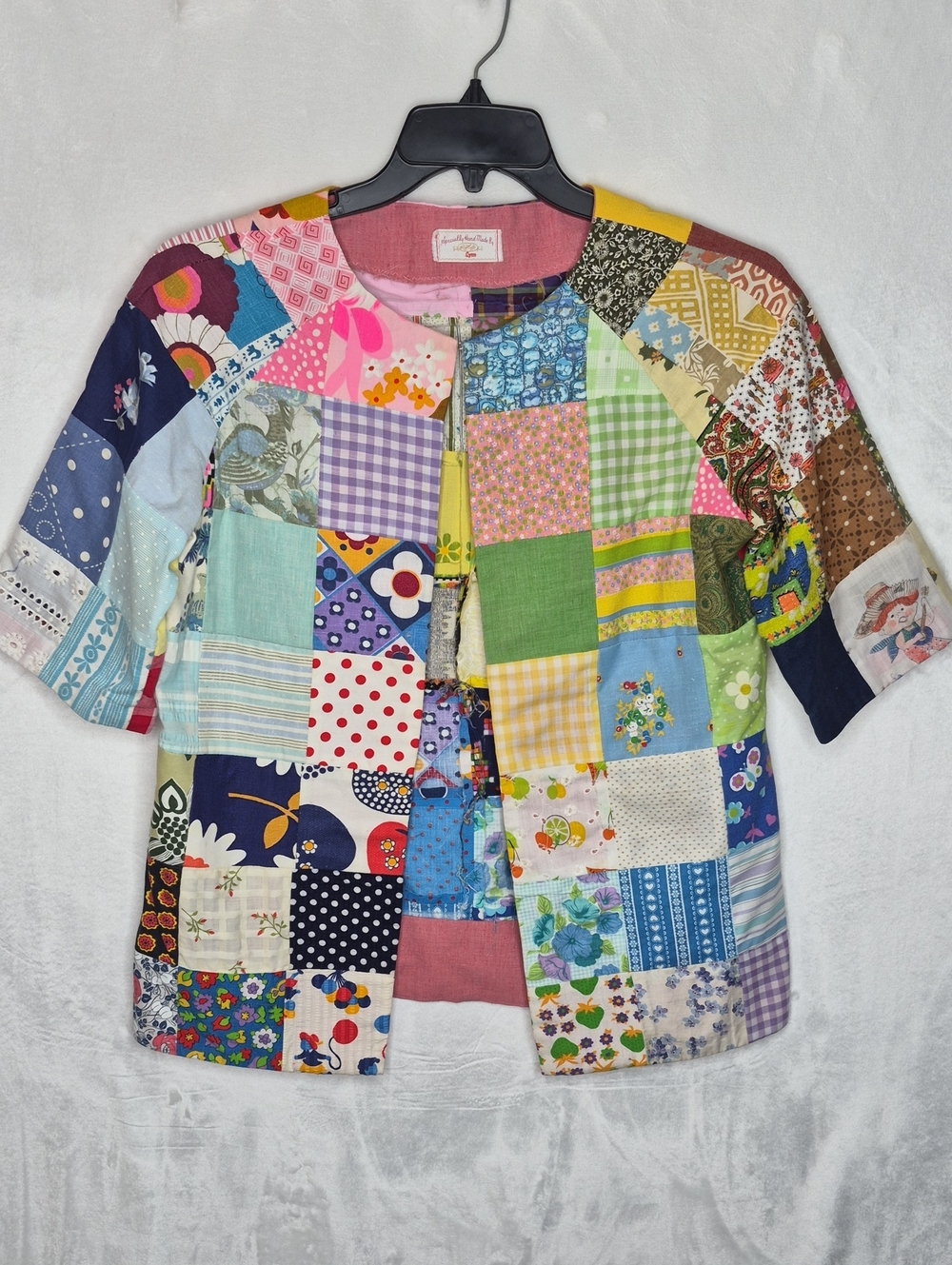 Vintage Handmade Patchwork Quilt Jacket Open Front Colorblock Multi Pattern M/L